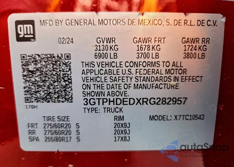 2024 GMC Sierra C1500 Slt из США, поврежденный, VIN 3GTPHDEDXRG282957